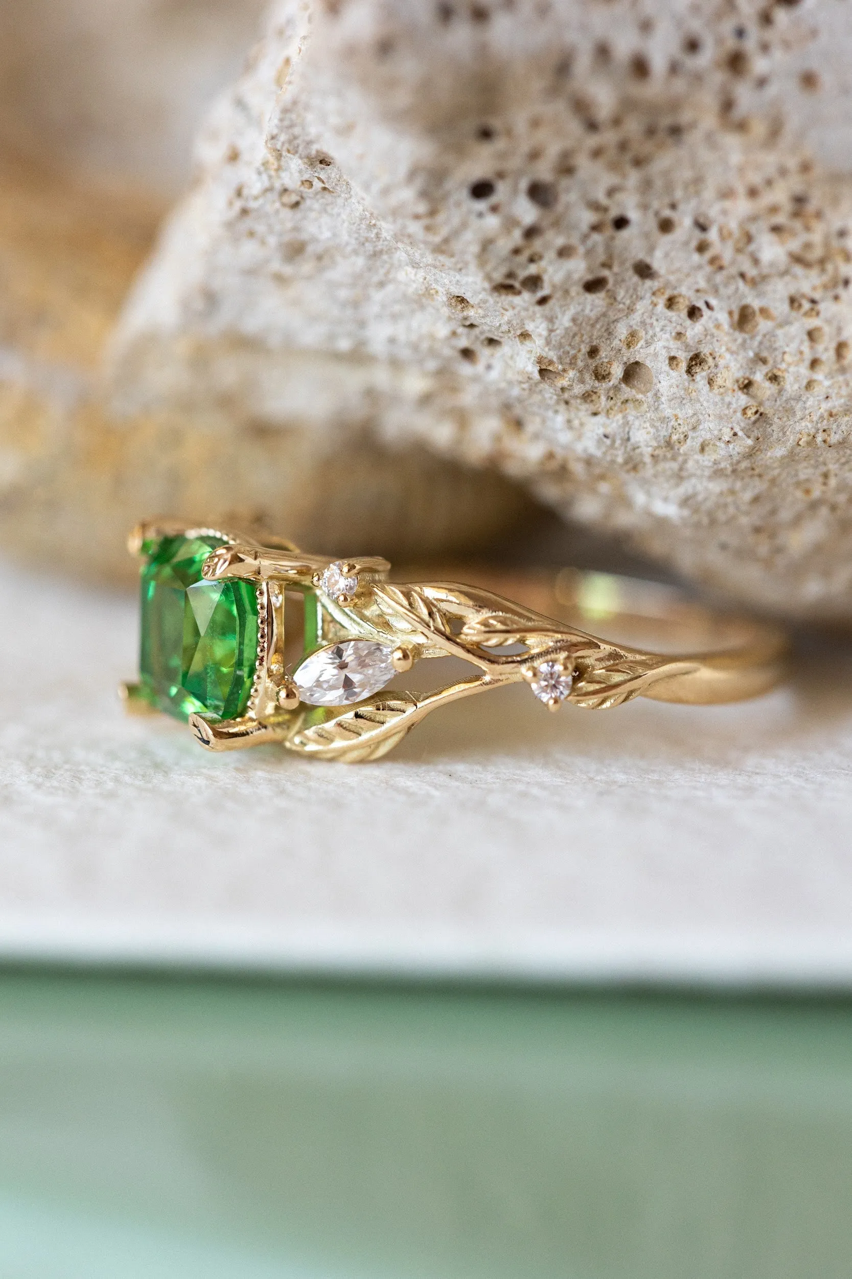 READY TO SHIP: Patricia ring in 14K yellow gold, tsavorite garnet cushion cut 6 mm, accent moissanites, AVAILABLE RING SIZES: 5.5-7.5US