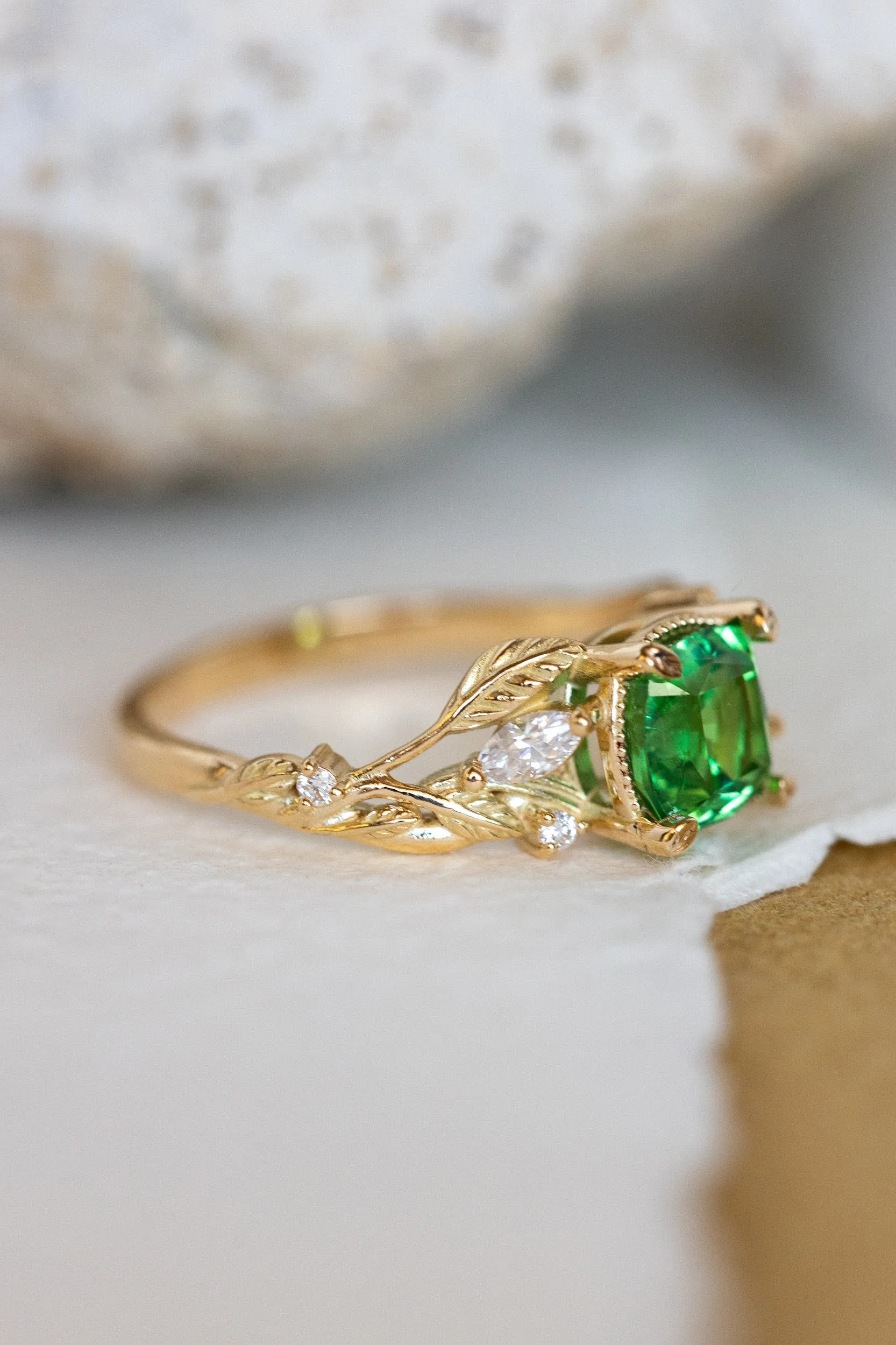 READY TO SHIP: Patricia ring in 14K yellow gold, tsavorite garnet cushion cut 6 mm, accent moissanites, AVAILABLE RING SIZES: 5.5-7.5US