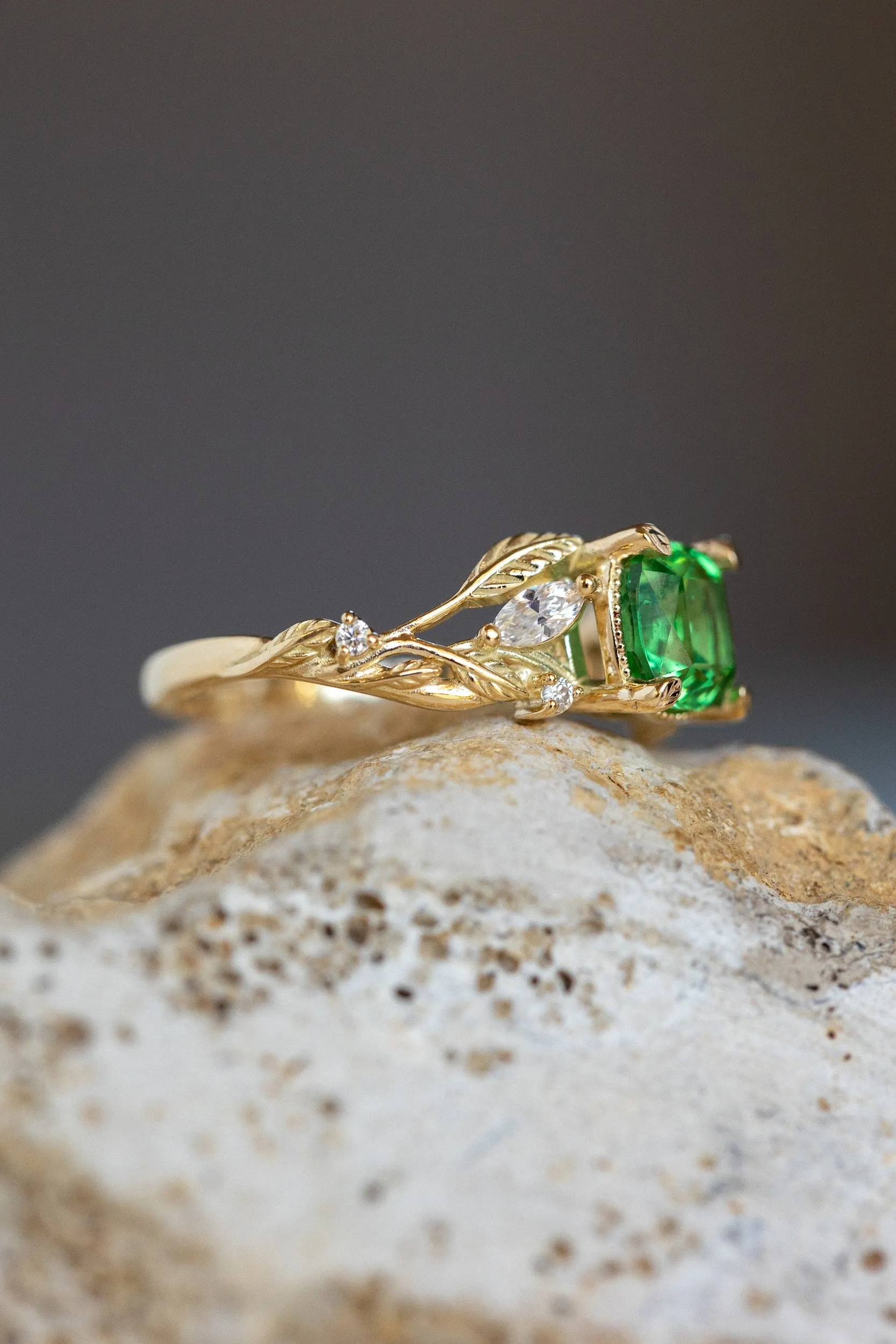 READY TO SHIP: Patricia ring in 14K yellow gold, tsavorite garnet cushion cut 6 mm, accent moissanites, AVAILABLE RING SIZES: 5.5-7.5US