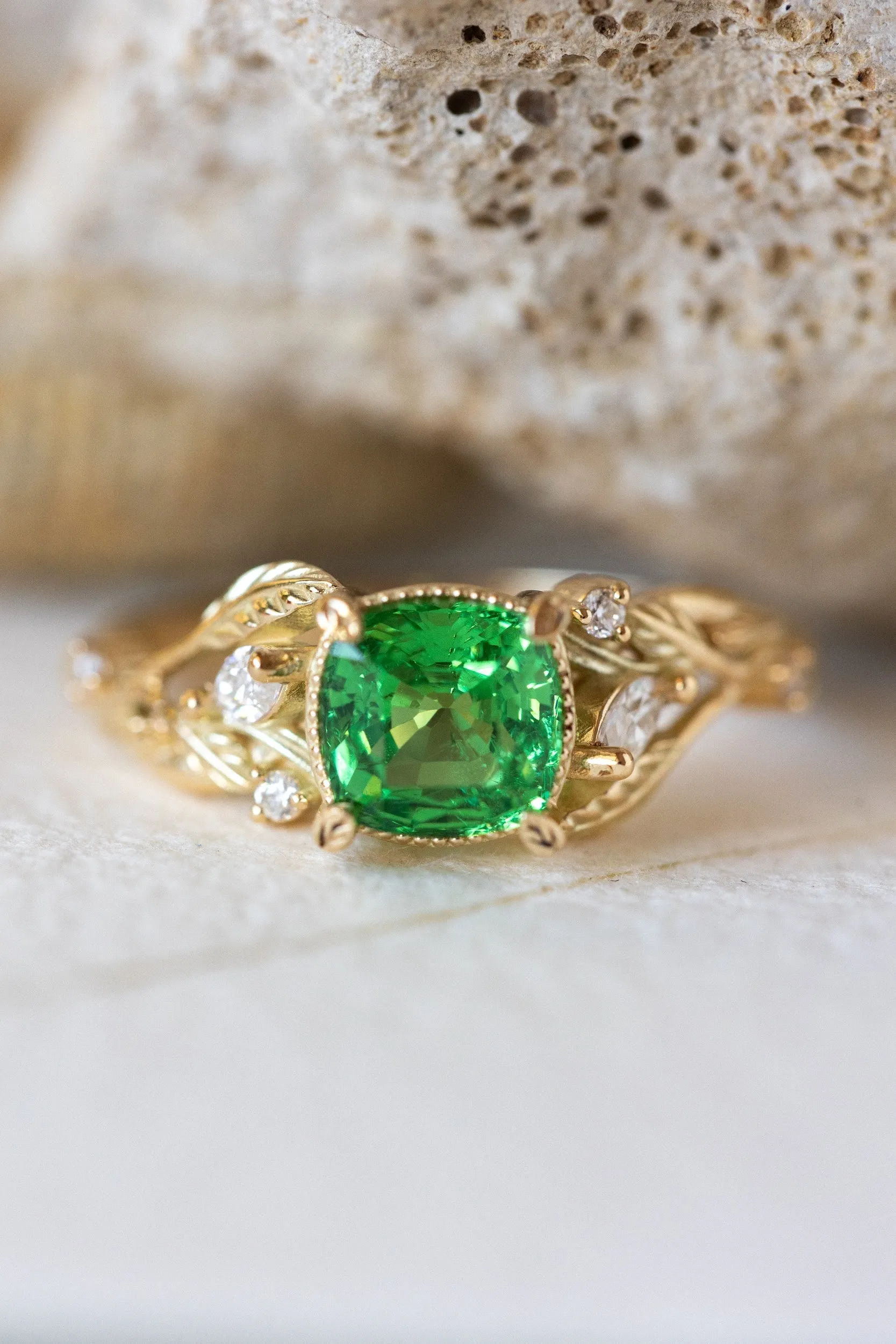 READY TO SHIP: Patricia ring in 14K yellow gold, tsavorite garnet cushion cut 6 mm, accent moissanites, AVAILABLE RING SIZES: 5.5-7.5US