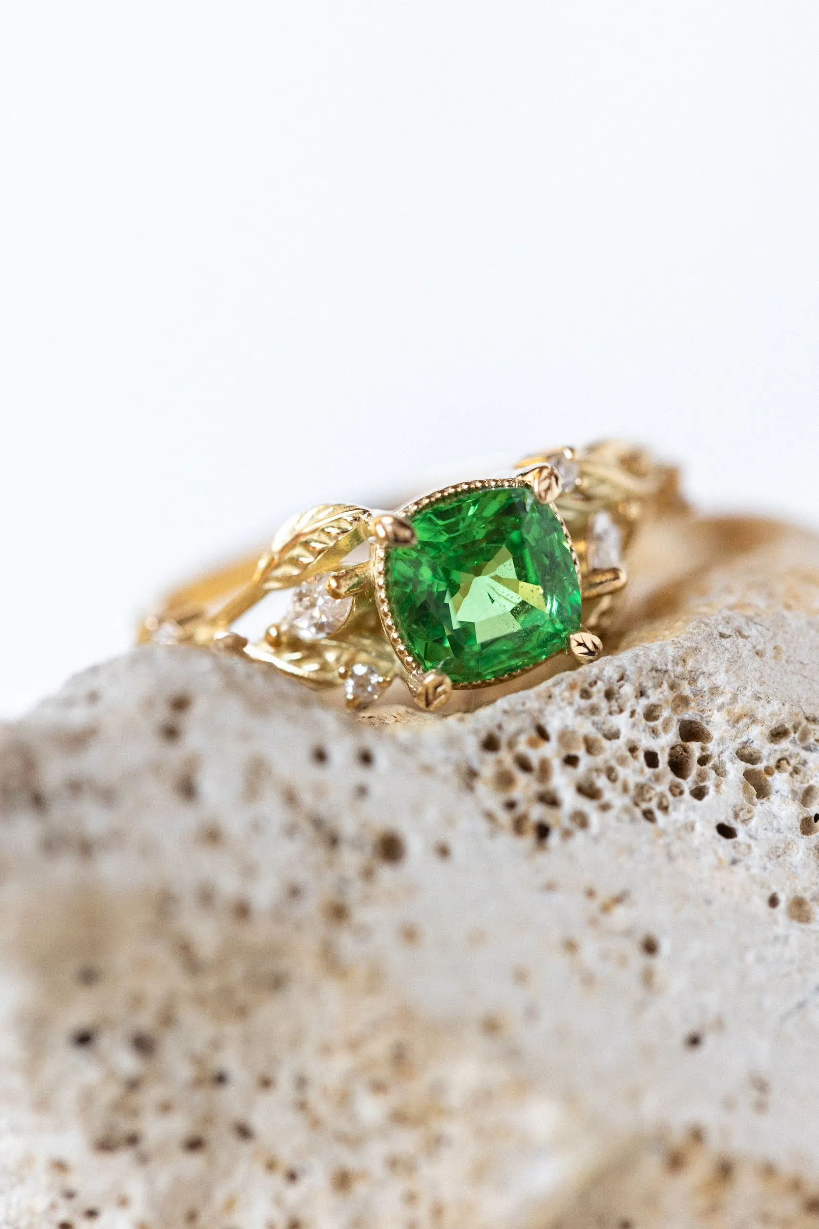 READY TO SHIP: Patricia ring in 14K yellow gold, tsavorite garnet cushion cut 6 mm, accent moissanites, AVAILABLE RING SIZES: 5.5-7.5US