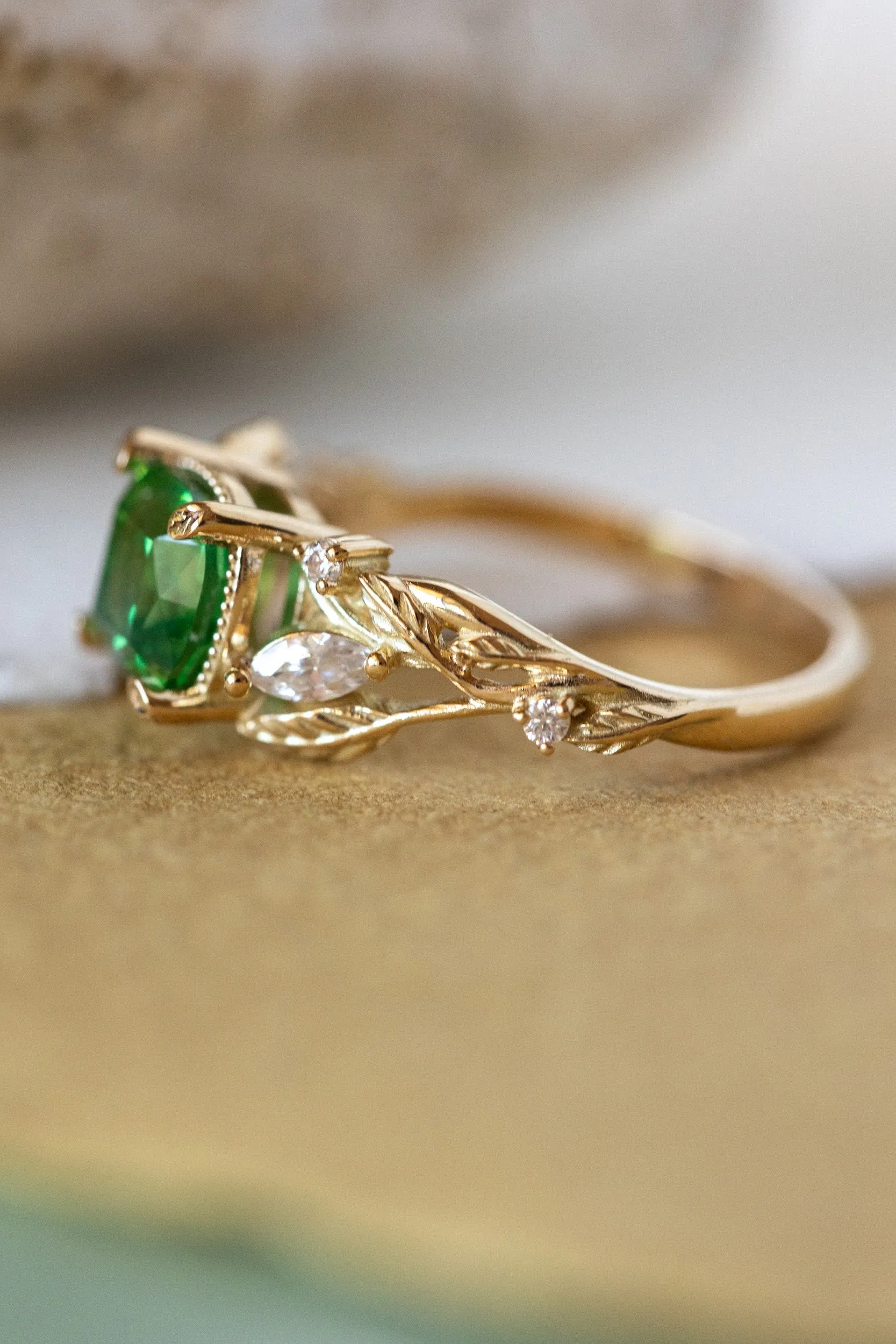 READY TO SHIP: Patricia ring in 14K yellow gold, tsavorite garnet cushion cut 6 mm, accent moissanites, AVAILABLE RING SIZES: 5.5-7.5US